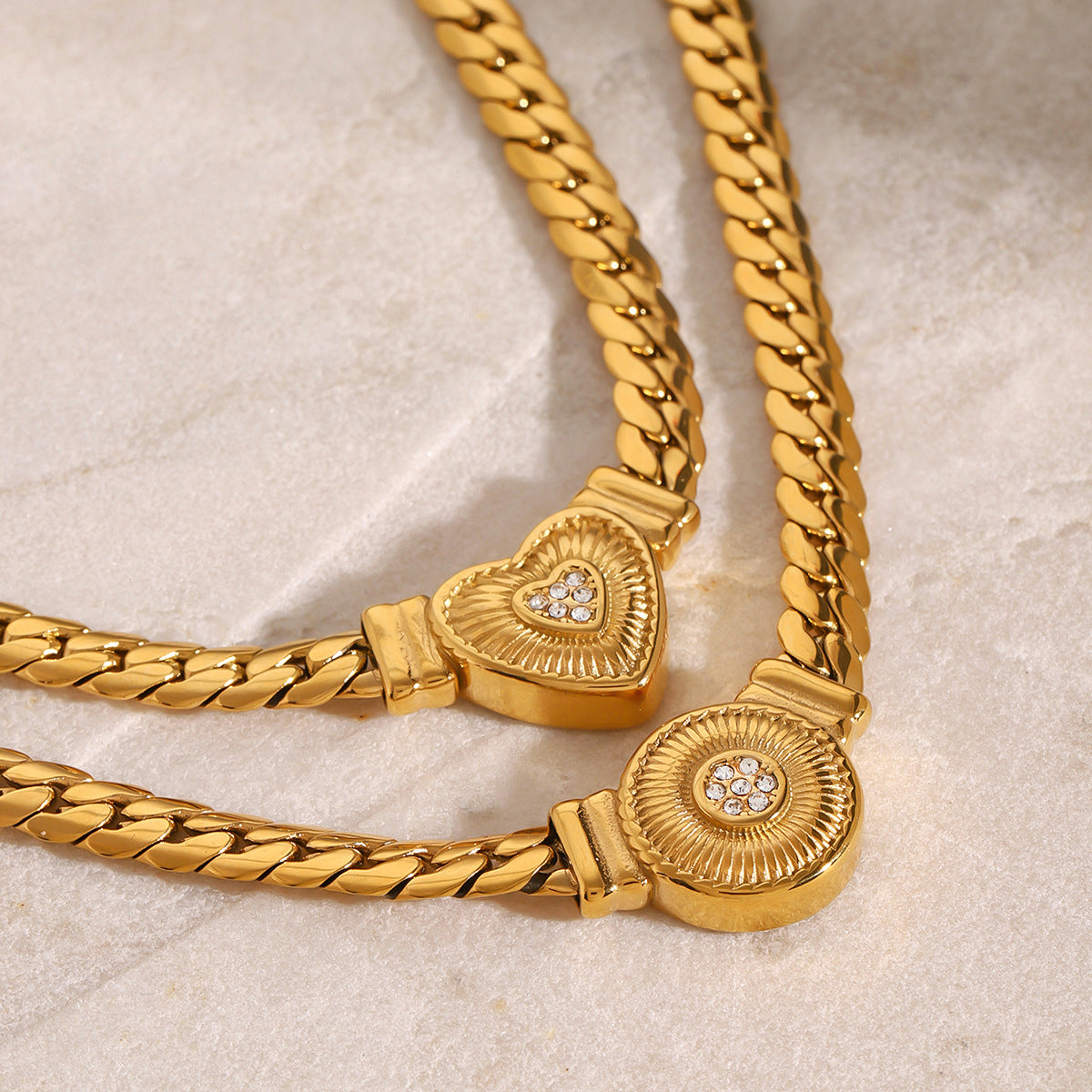 Gold-Tone Clear Stone Heart Stainless Steel Necklace Collection — front view
