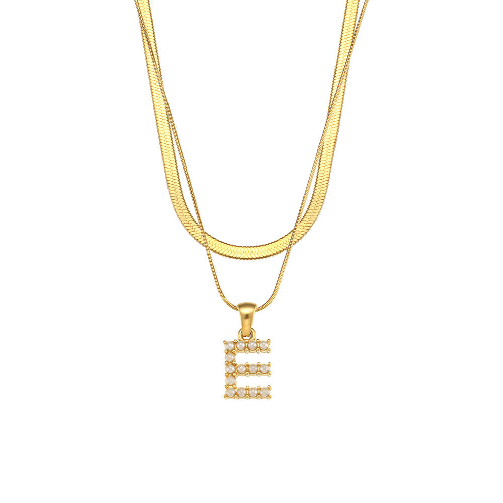 Imitation pearl letter E pendant on layered stainless steel chains