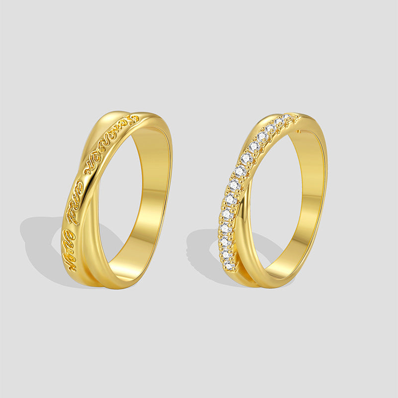 gold plated engraved crossover band with matching zirconia ring