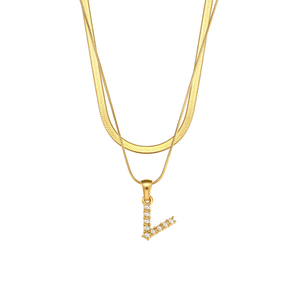 Imitation pearl letter V pendant on layered stainless steel chains