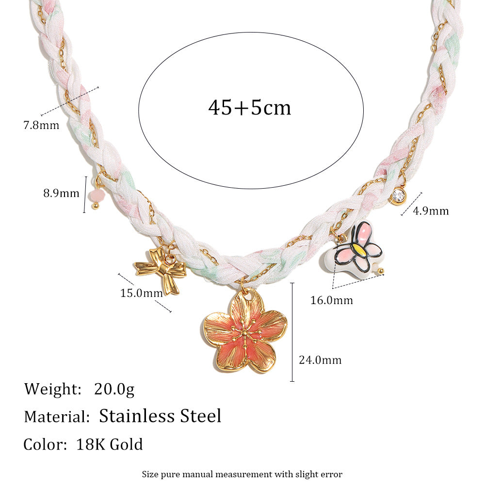 Braided floral necklace with charm dimensions and weight