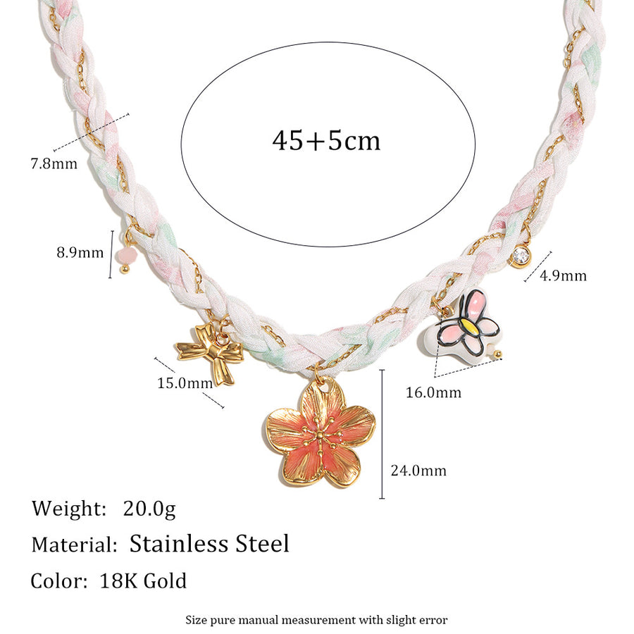 Braided floral necklace with charm dimensions and weight