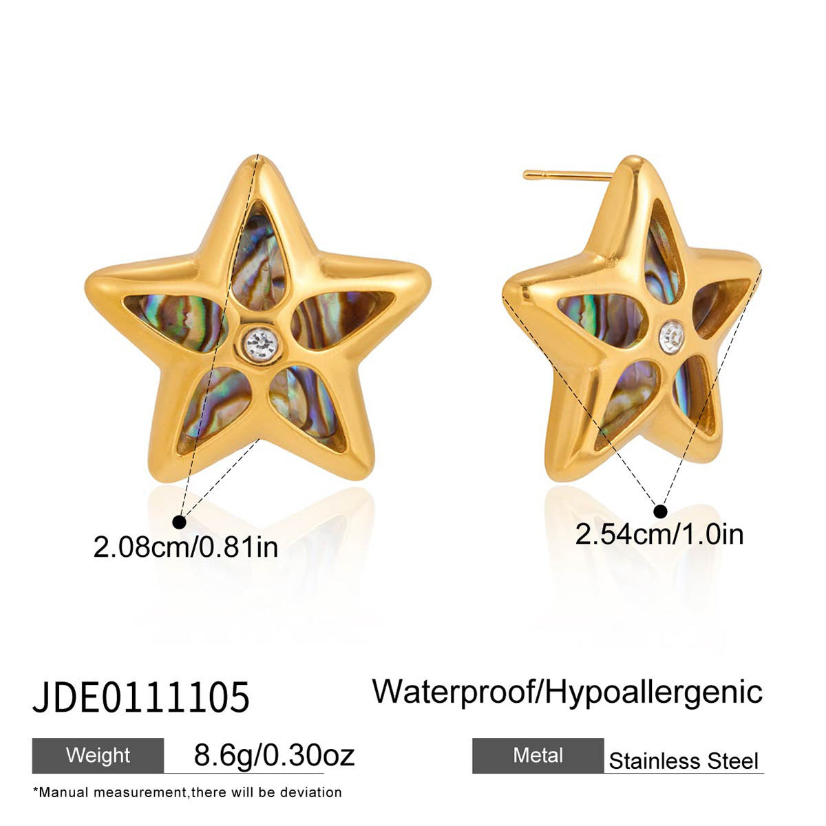 Star abalone stud earrings with size annotations
