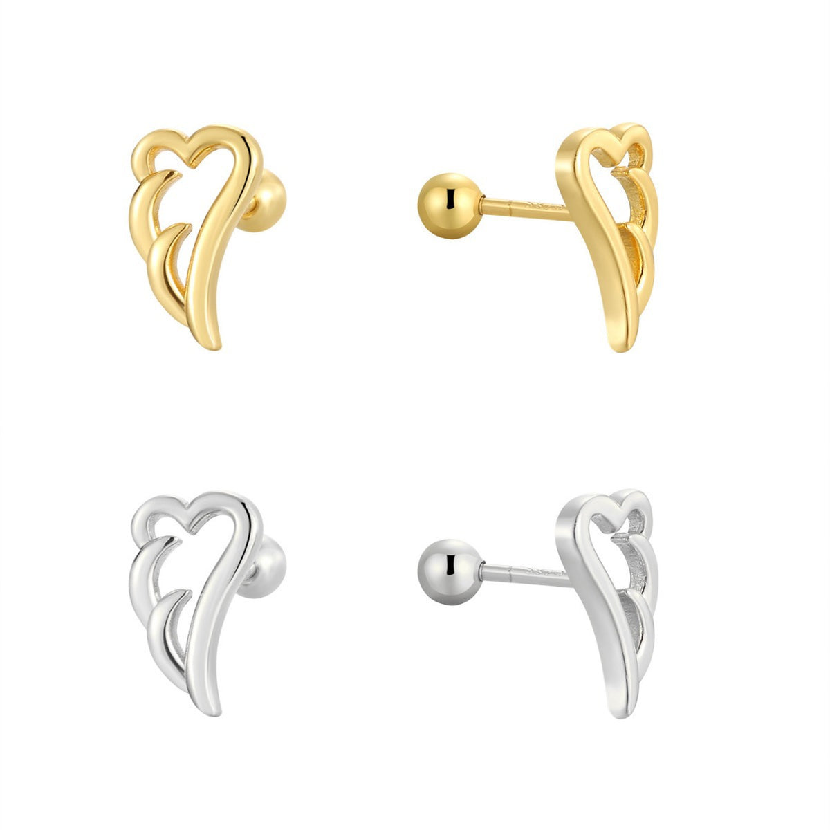 front and back views of gold and silver angel wing earrings