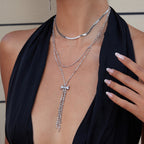 Wholesale Silver-Finish Stainless Steel Tassel Necklace Collection - styled view