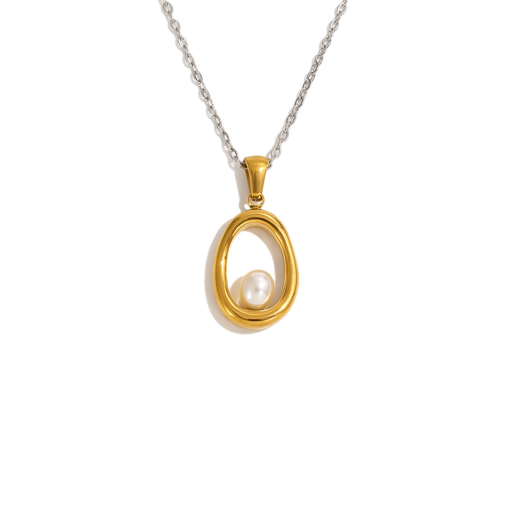 Gold Plated and Silver 316L Stainless Steel Oval Pearl Necklace — oval pendant and pearl accent close-up