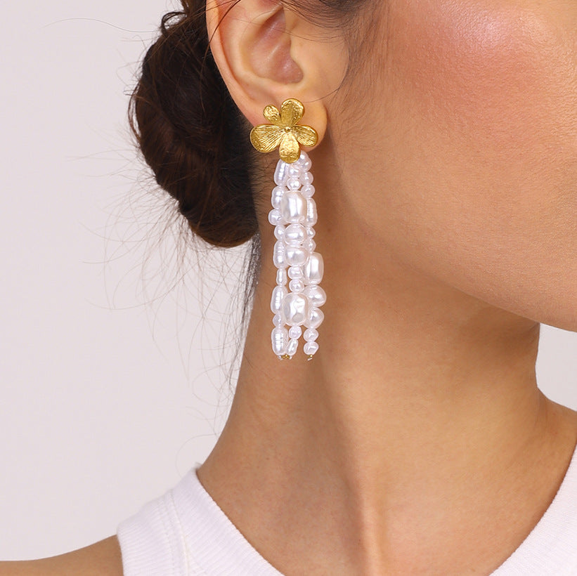 Gold-Tone Pearl-Look Floral Tassel Stainless Steel Earrings shown on model