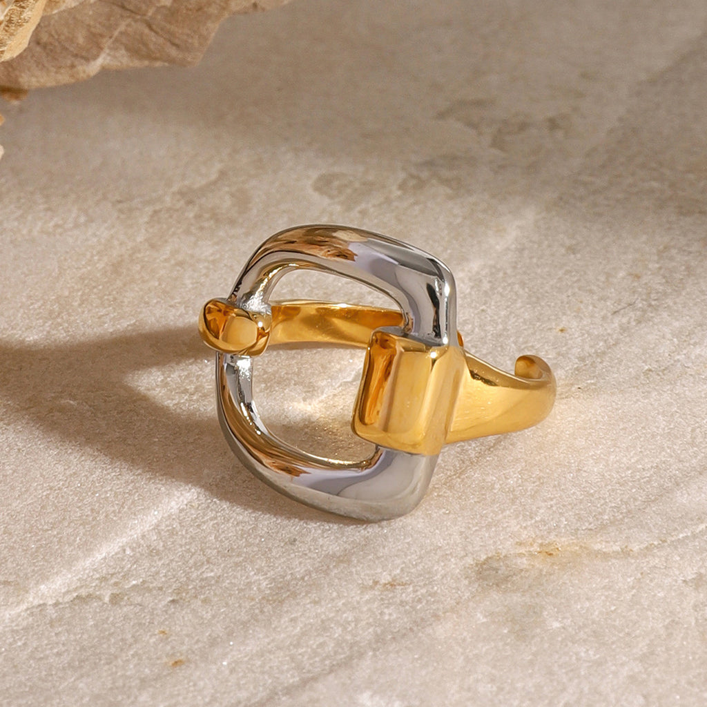 Rounded-square two-tone ring displayed on stone
