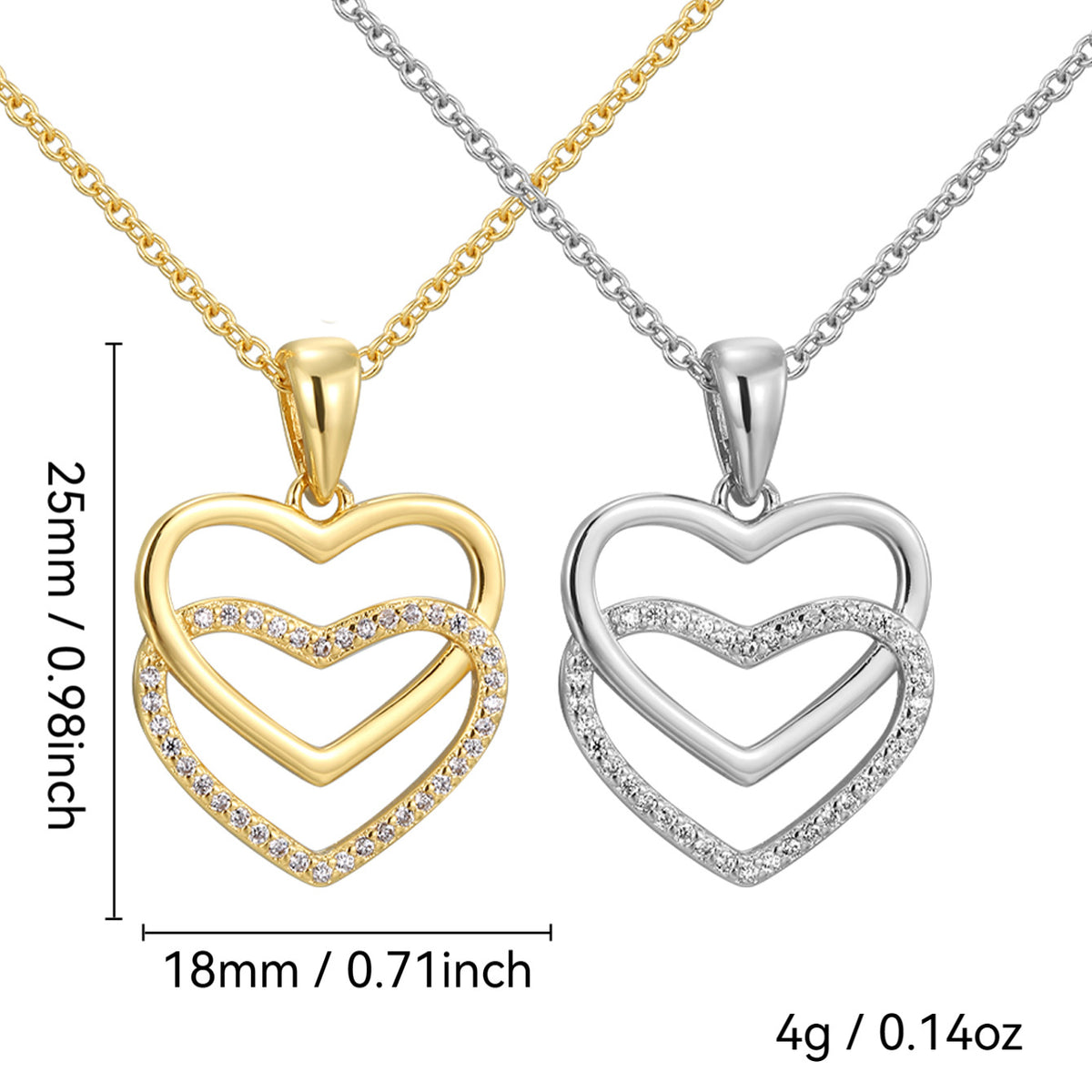 double heart pendant with 25 by 18 mm dimensions and 4 g listed weight