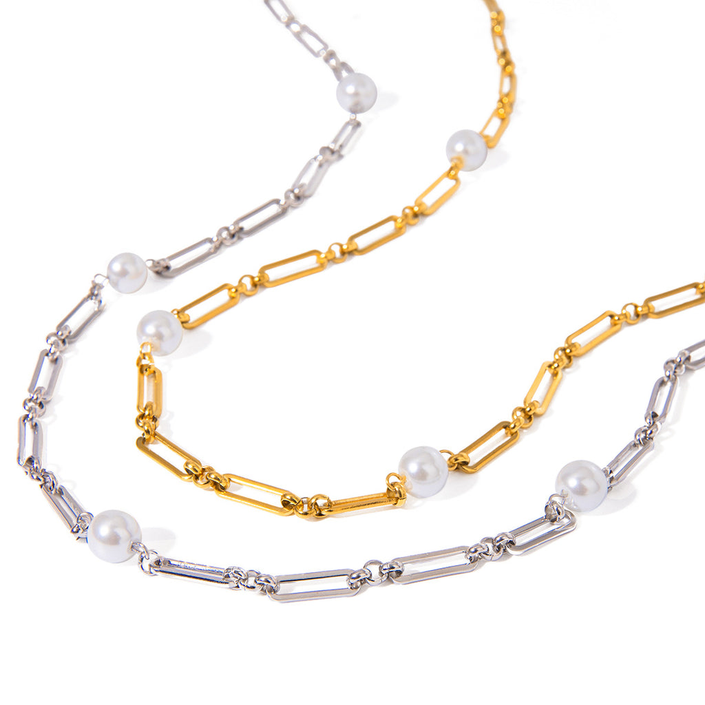 Pearl-Look Beaded Stainless Steel Necklace Collection finish and shape detail