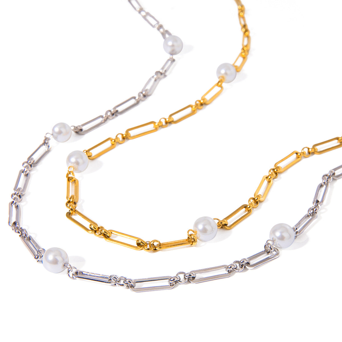 Pearl-Look Beaded Stainless Steel Necklace Collection finish and shape detail