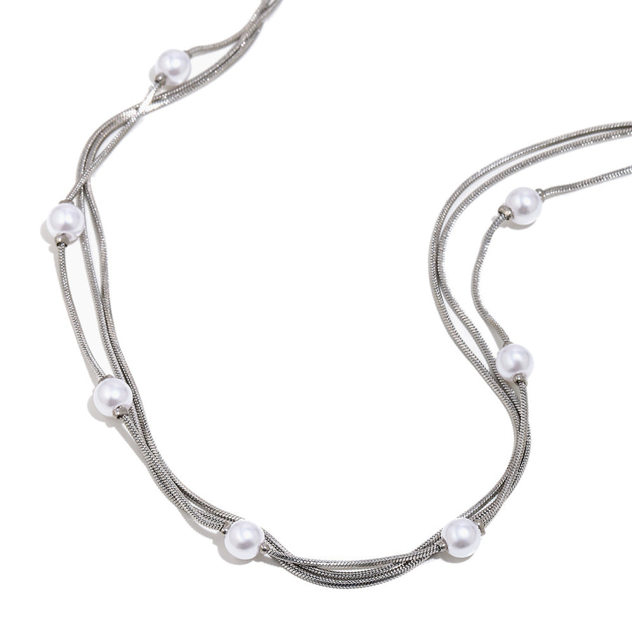 Steel color snake-chain necklace with faux pearl accents