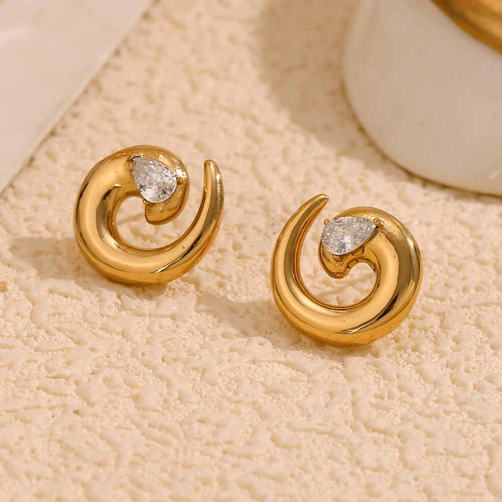 Gold plated 316L stainless steel spiral zirconia stud earrings