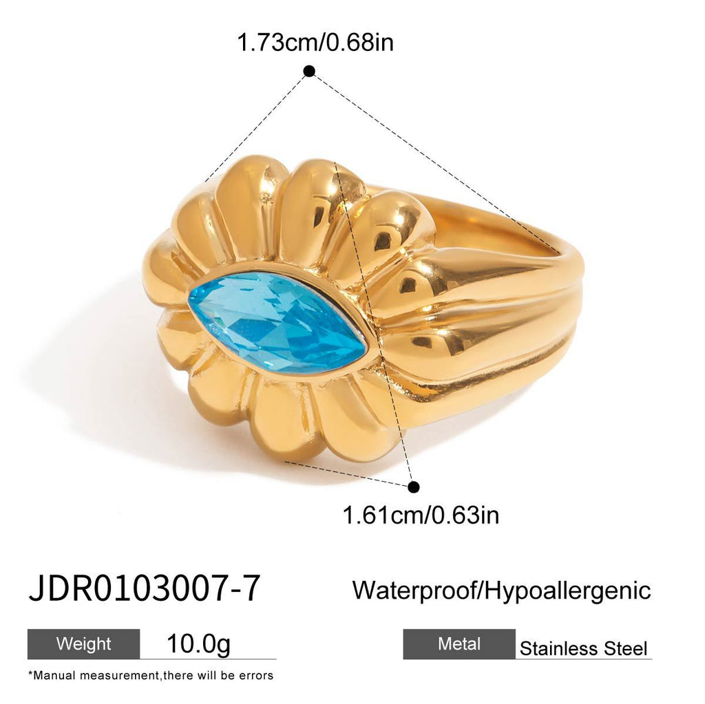 Gold-Tone Blue Zircon Floral Stainless Steel Ring – size and variant reference