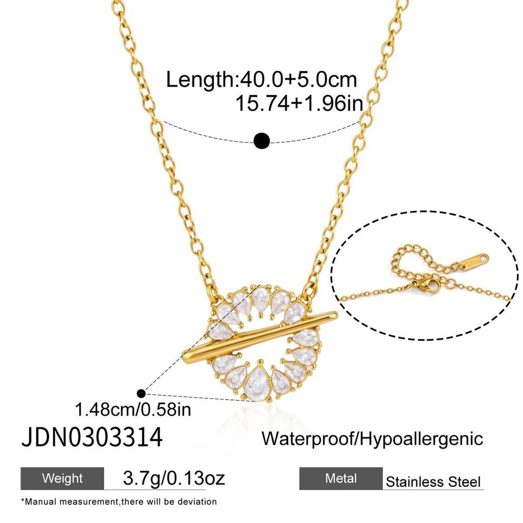 Clear stone halo pendant necklace with 40 plus 5 cm length diagram