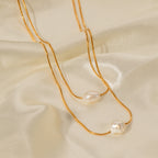 Layered Pearl-Look Stainless Steel Necklace Collection shown on model