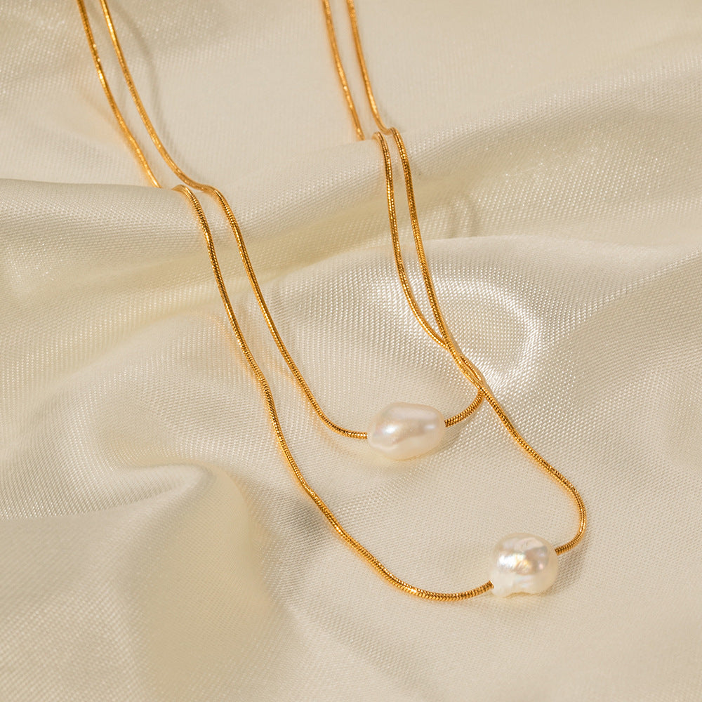 Layered Pearl-Look Stainless Steel Necklace Collection shown on model
