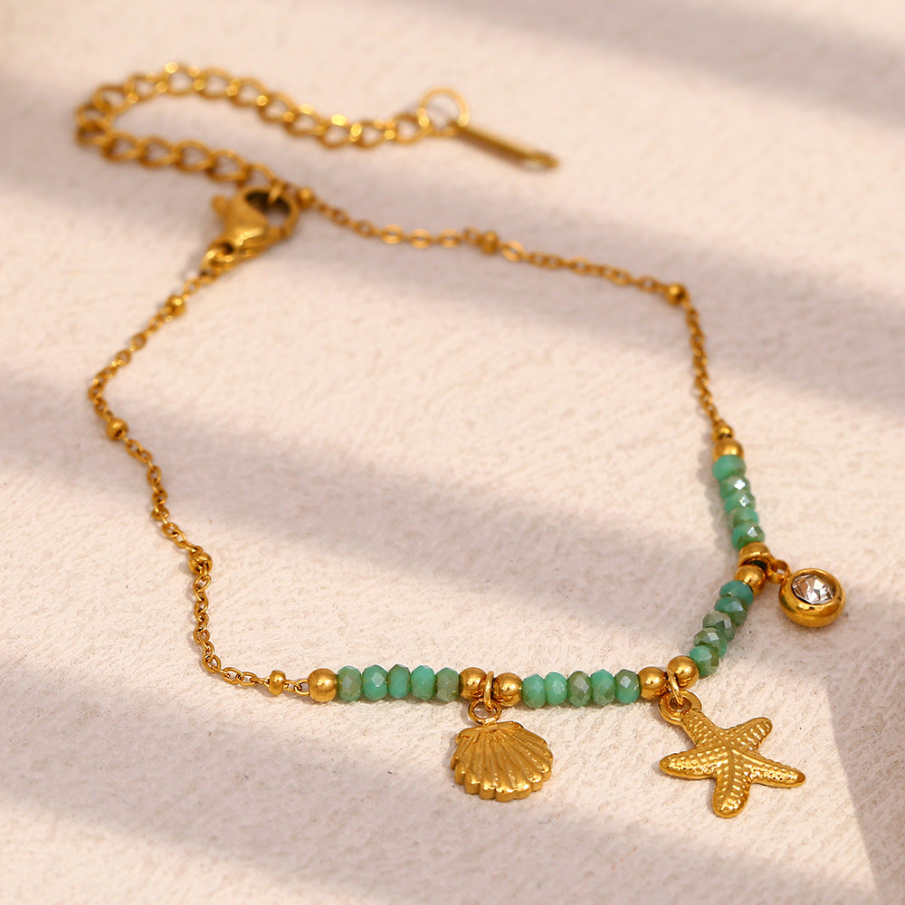 Gold Plated Stainless Steel Green Bead Starfish and Shell Bracelet — full bracelet view