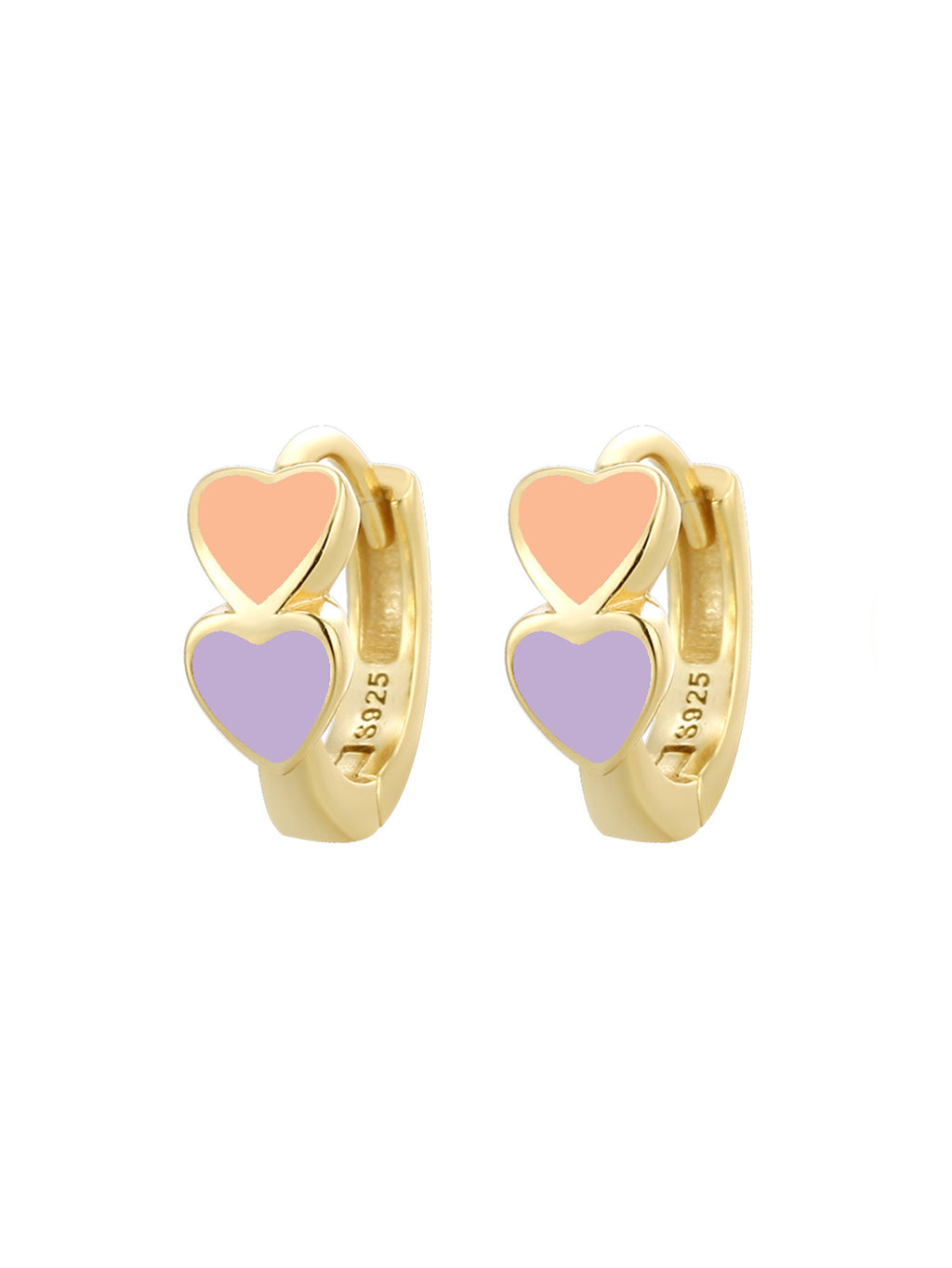 Gold Plated 925 Sterling Silver Colorful Double Heart Hoop Earrings — peach and purple hearts
