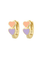 Gold Plated 925 Sterling Silver Colorful Double Heart Hoop Earrings — peach and purple hearts