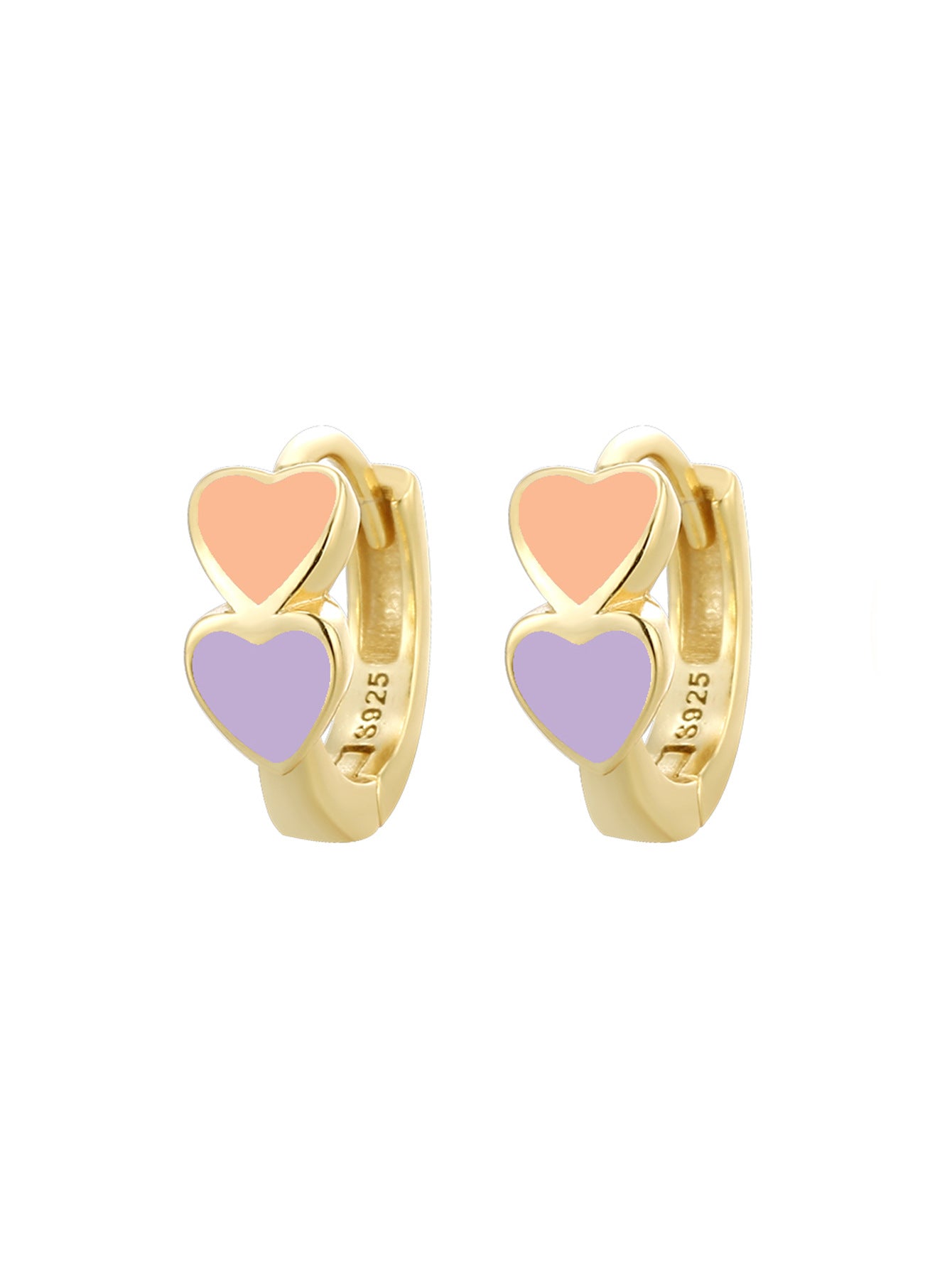 Gold Plated 925 Sterling Silver Colorful Double Heart Hoop Earrings — peach and purple hearts