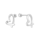 isolated front and side cutout of silver-finish ribbon-heart earrings
