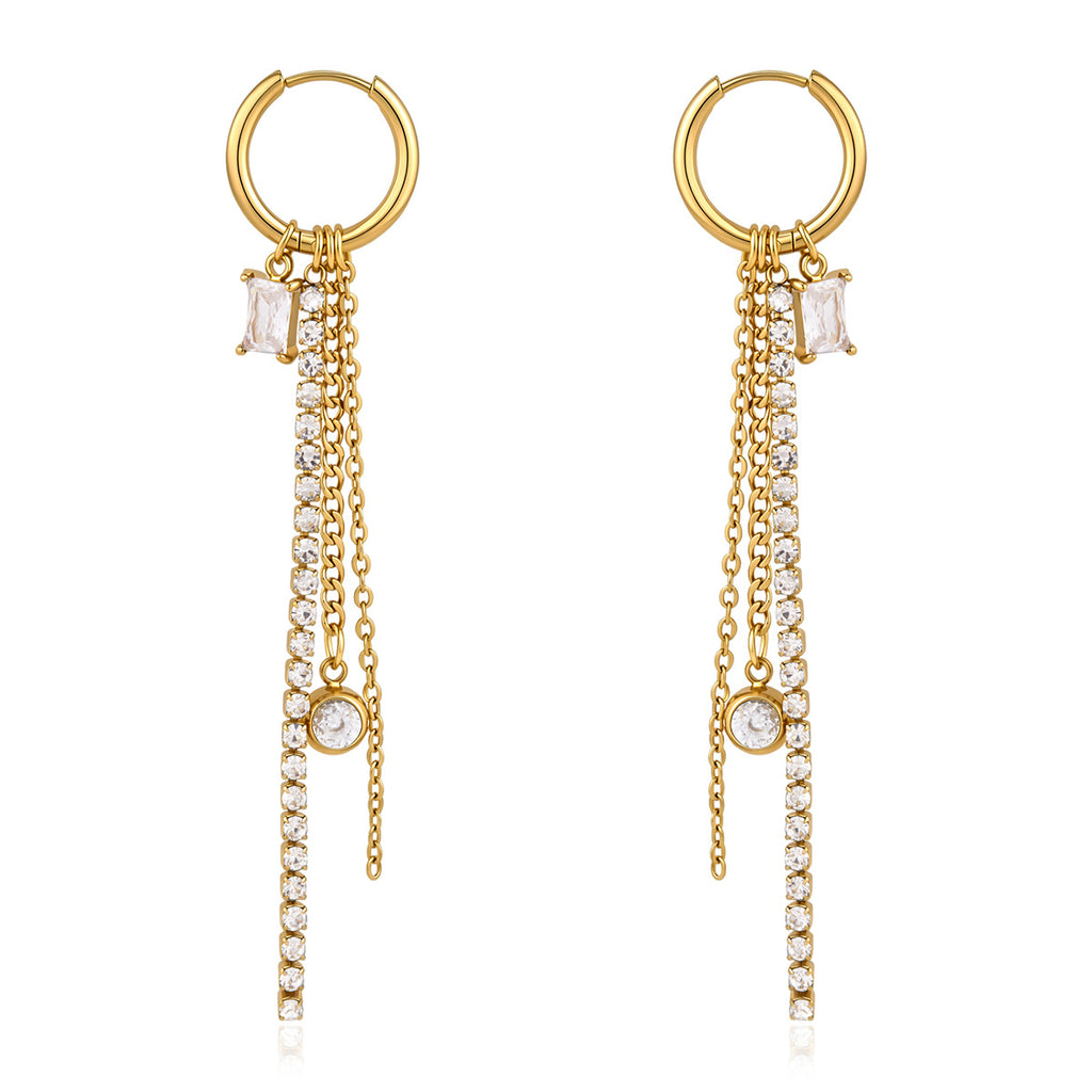 Front view of long rhinestone and chain hoop earrings