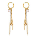 Front view of long rhinestone and chain hoop earrings