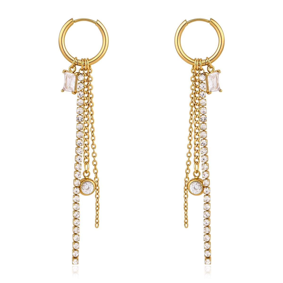 Front view of long rhinestone and chain hoop earrings