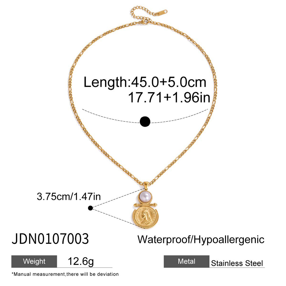Gold Tone Coin Motif Stainless Steel Jewelry Collection — close-up of the coin motif