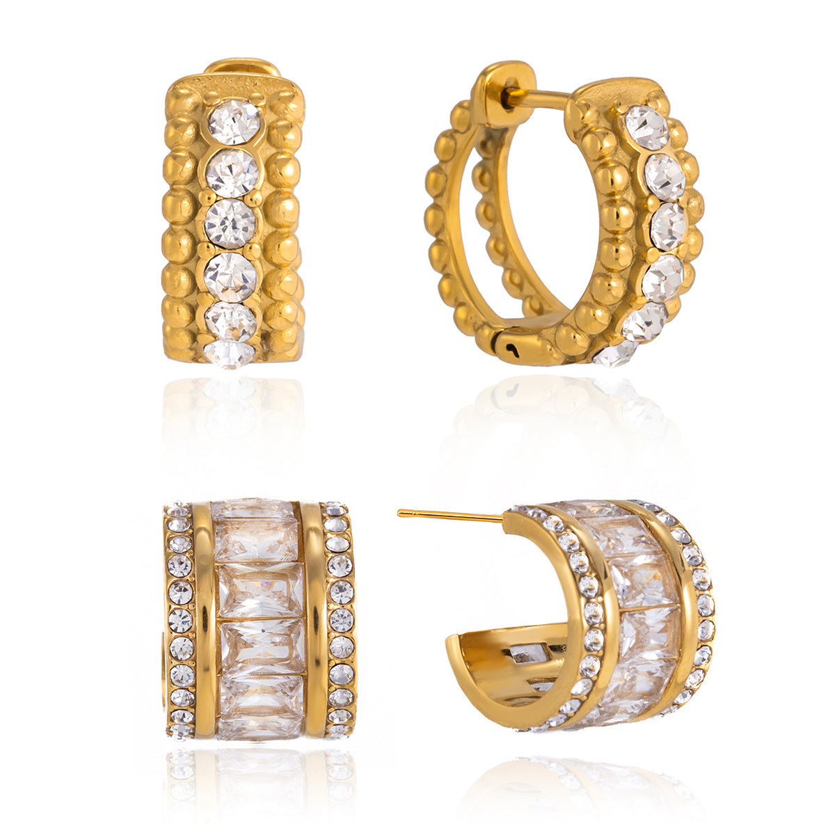 Wide and compact clear stone earrings on white