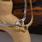 Heart Centerpiece Stainless Steel Curb Chain Necklaces — styled view of both chains