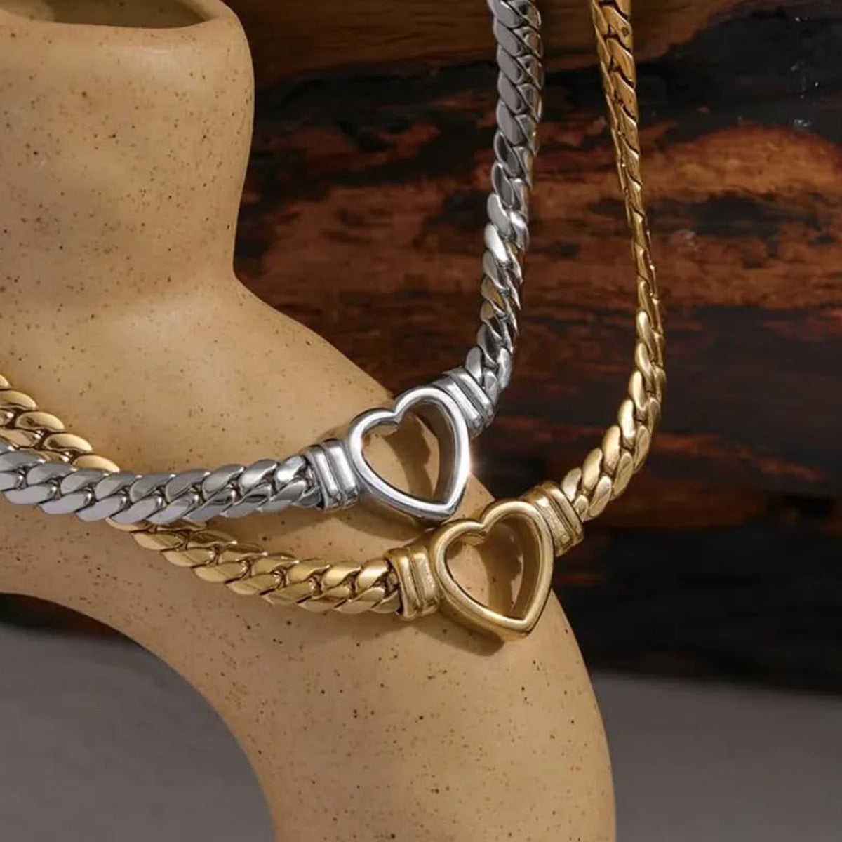 Heart Centerpiece Stainless Steel Curb Chain Necklaces — styled view of both chains