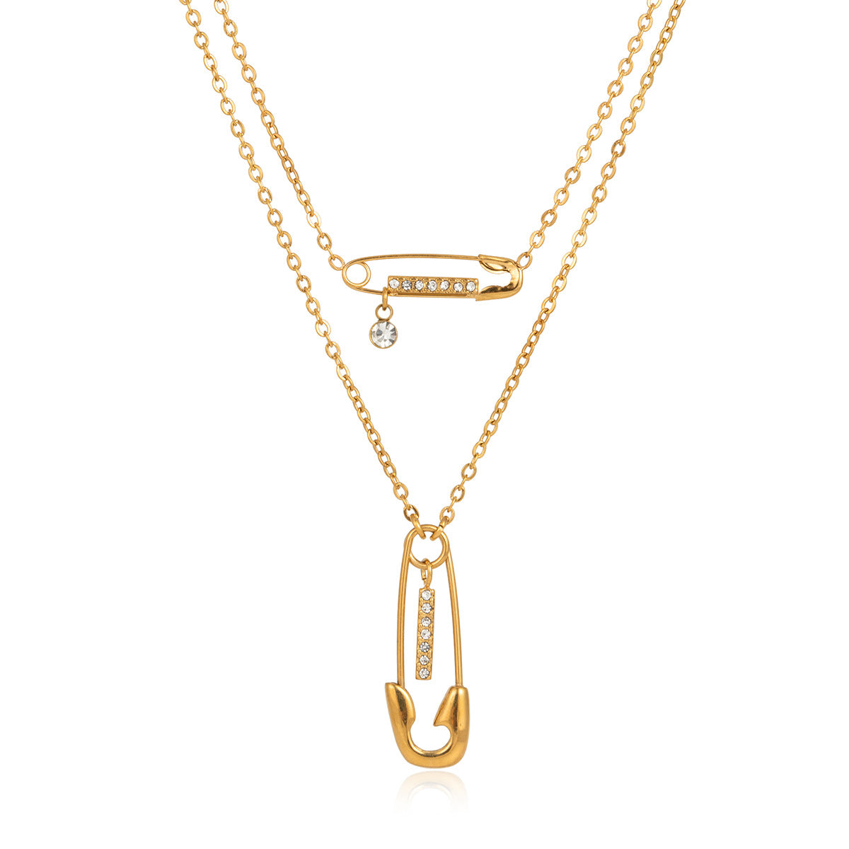 layered safety pin pendant necklace isolated on white