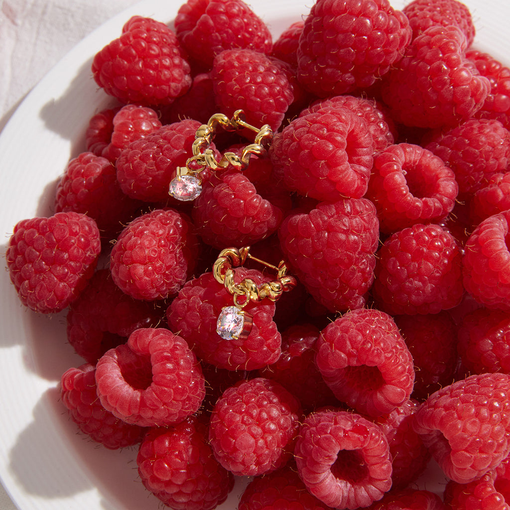 Zirconia drop hoops arranged on raspberries