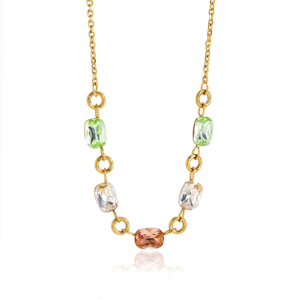 Front product view of the spaced pastel stone links and gold-colored chain