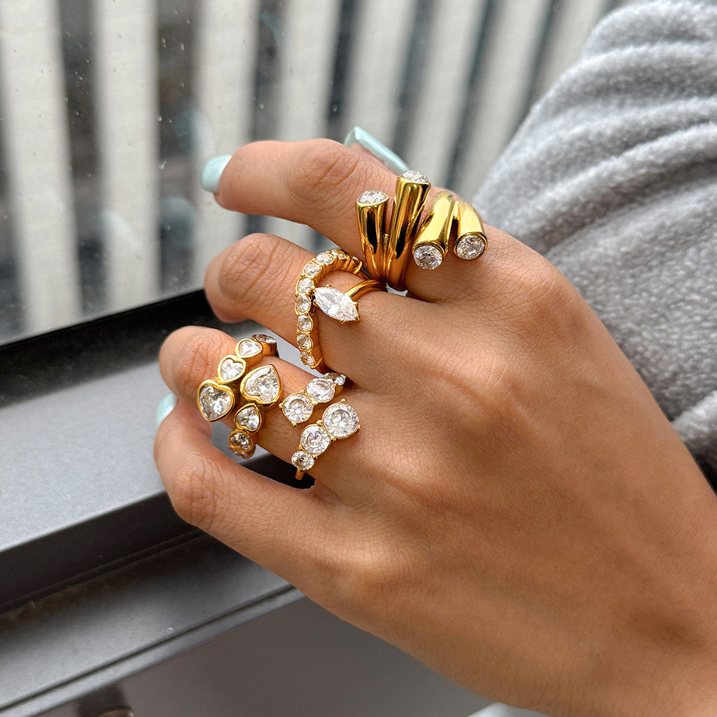 Gold Plated Clear Stone Stainless Steel Statement Ring Collection — four-ring assortment