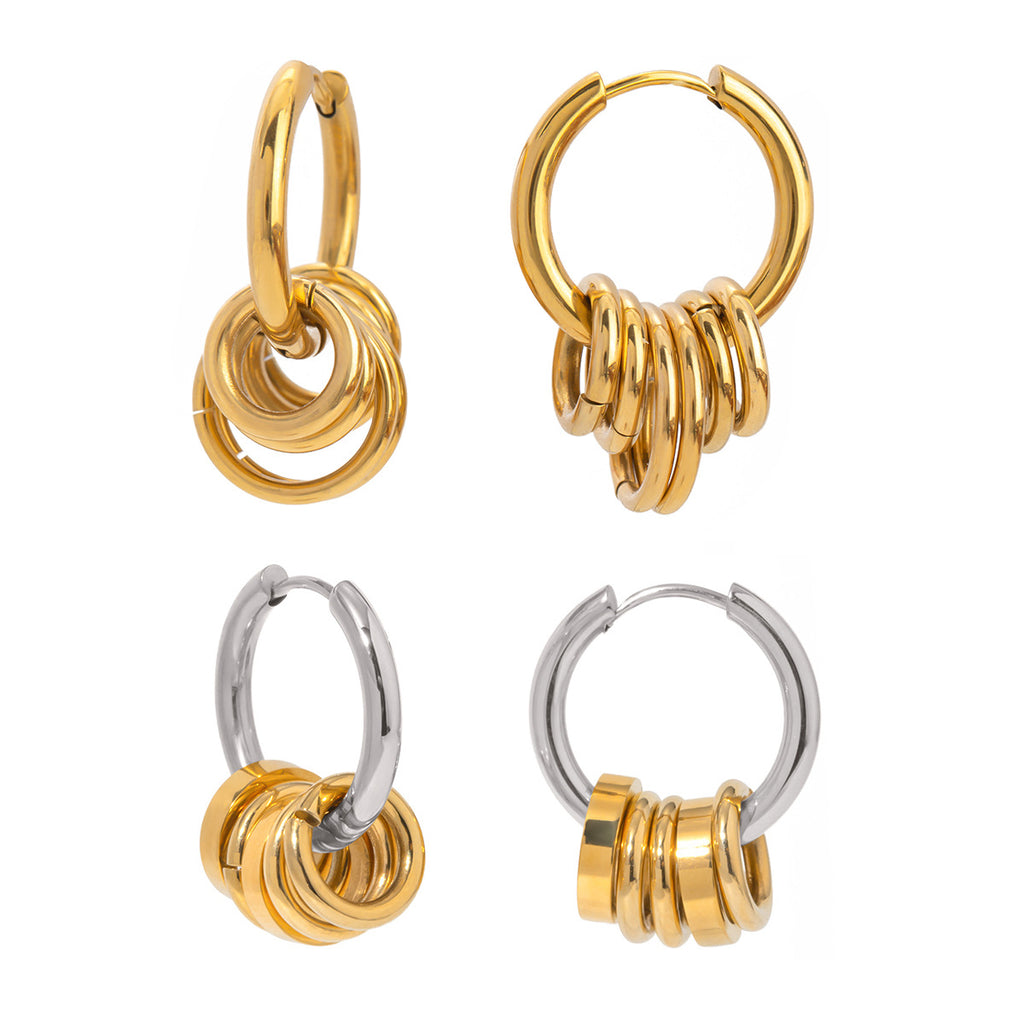 Gold Plated Two-Tone Ring Charm Stainless Steel Hoop Earrings finish and shape detail