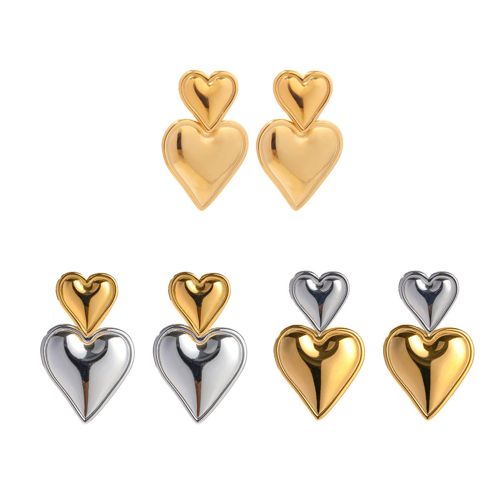 Stainless Steel Double Heart Stud Earrings in Three Finishes finish and shape detail