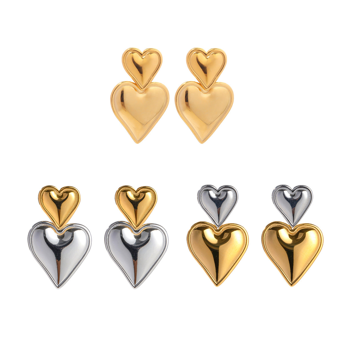 Stainless Steel Double Heart Stud Earrings in Three Finishes finish and shape detail
