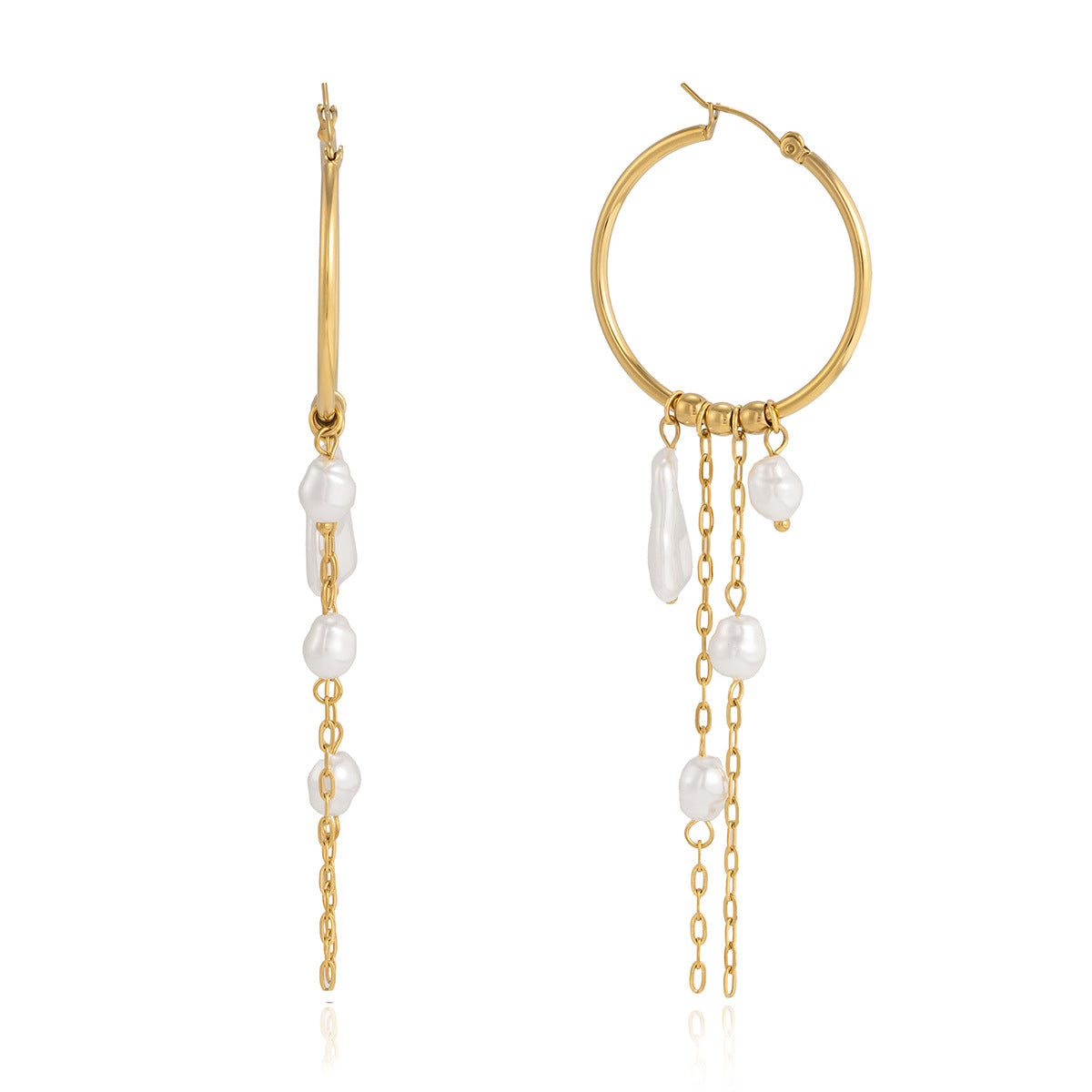 Front and side product views of the hoop with long chain tassels