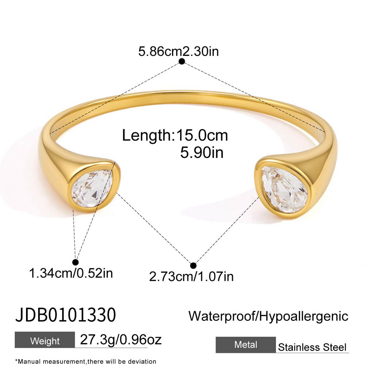 Paired pear-shaped stone cuff with measurements