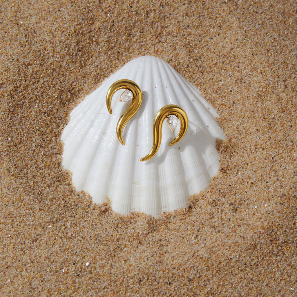 Pair of flame-curve earrings displayed on a shell