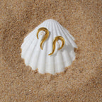 Pair of flame-curve earrings displayed on a shell
