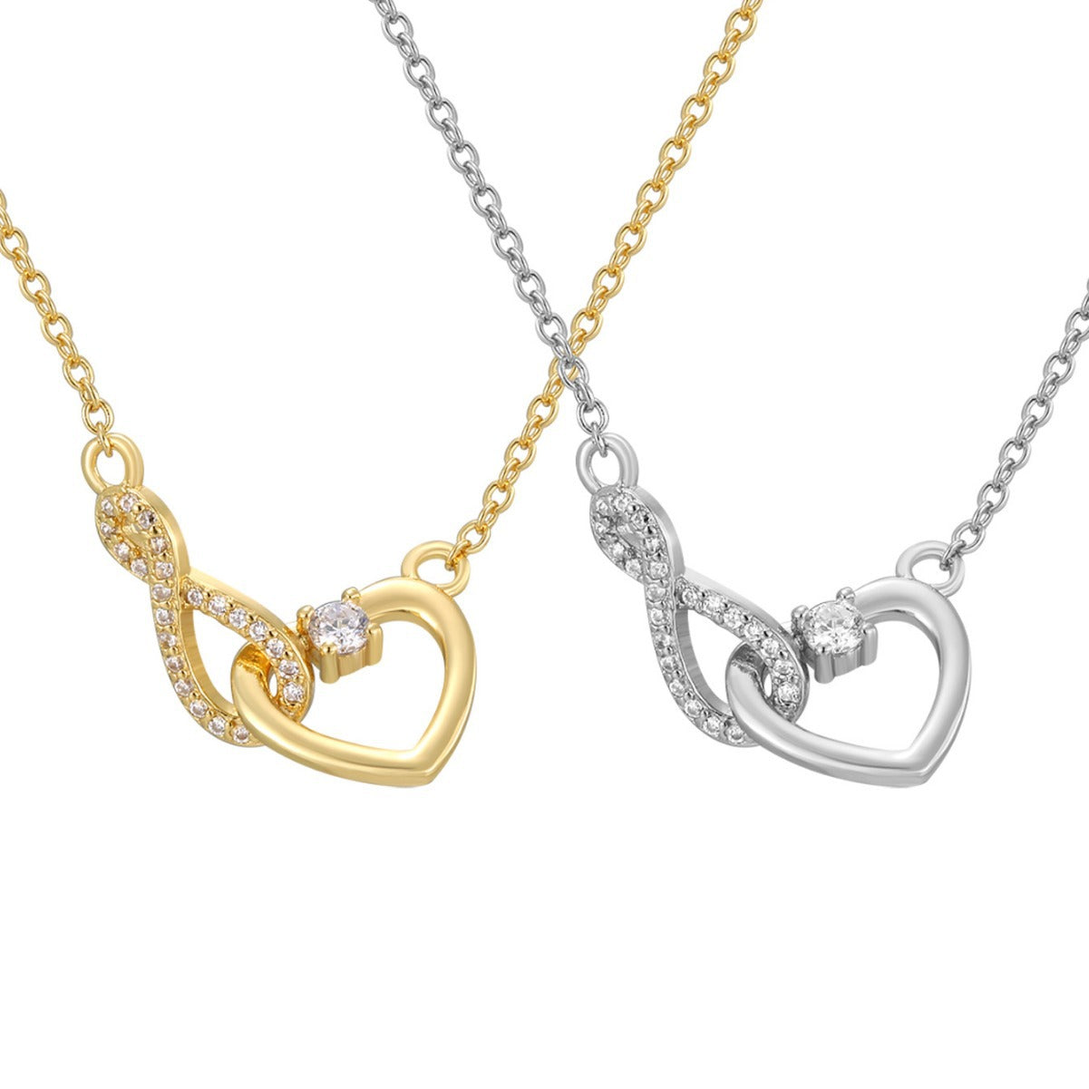 front view of gold and silver infinity heart necklaces