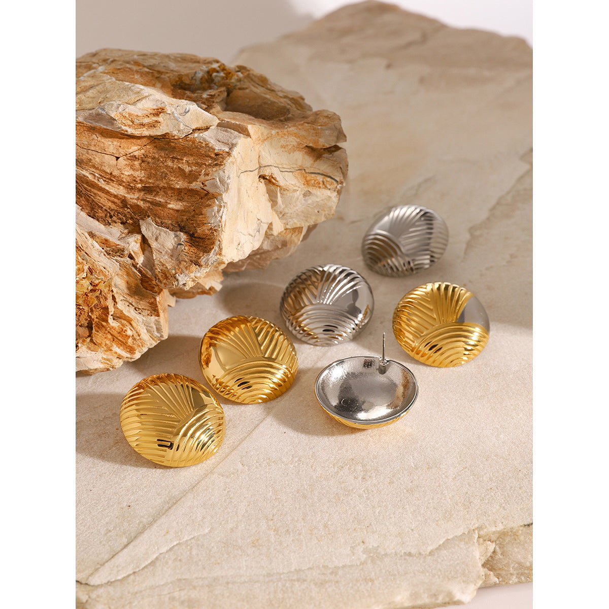 Ribbed Dome Stainless Steel Stud Earrings in Three Finishes – product view 3