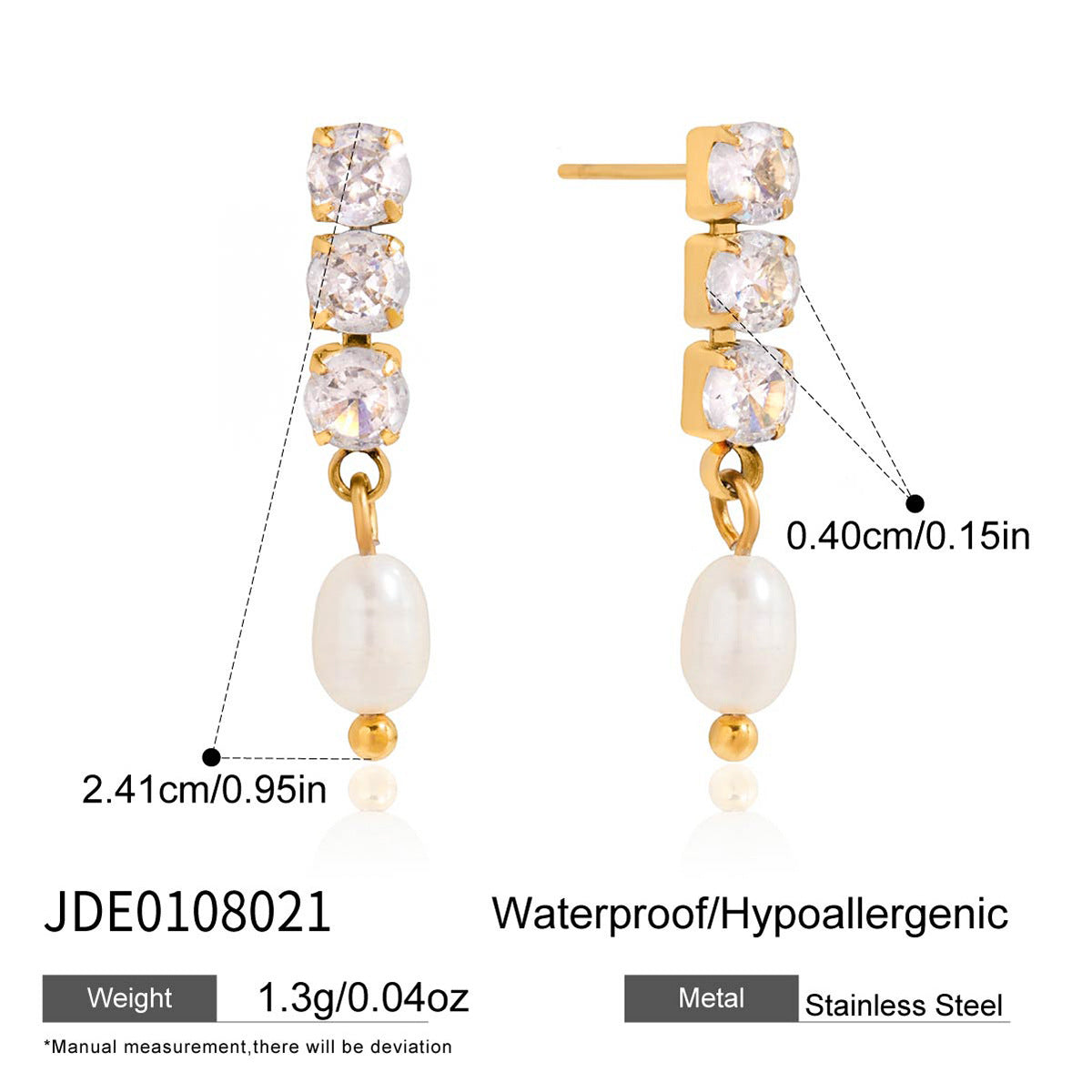 Wholesale Gold-Tone Stainless Steel Freshwater Pearl and Clear Stone Drop Earrings - finish detail