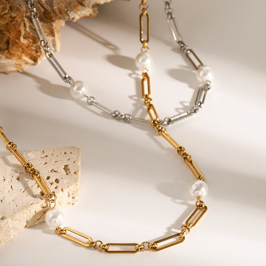 Pearl-Look Beaded Stainless Steel Necklace Collection styled product view