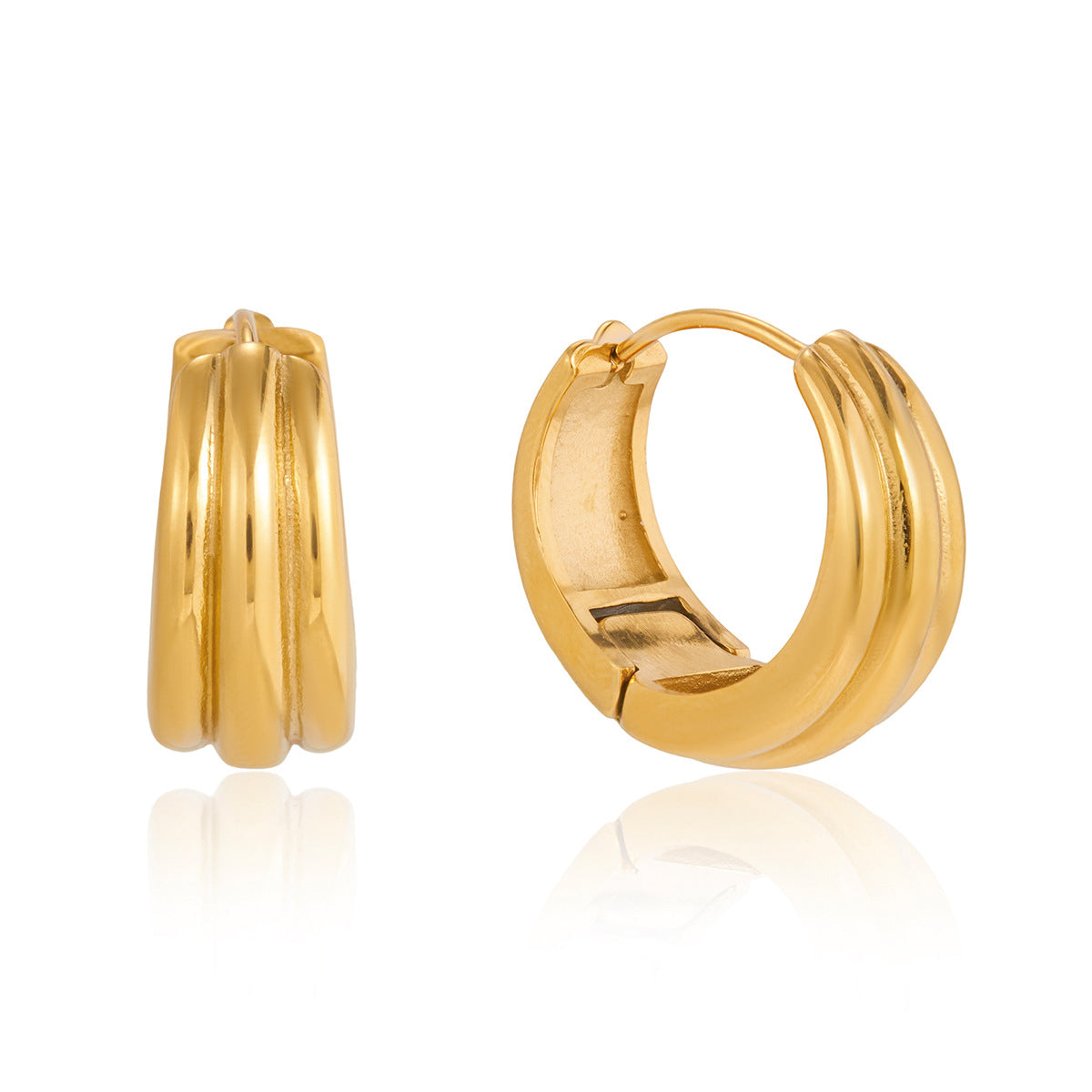 front and side views of gold plated triple-ridge hoop earrings