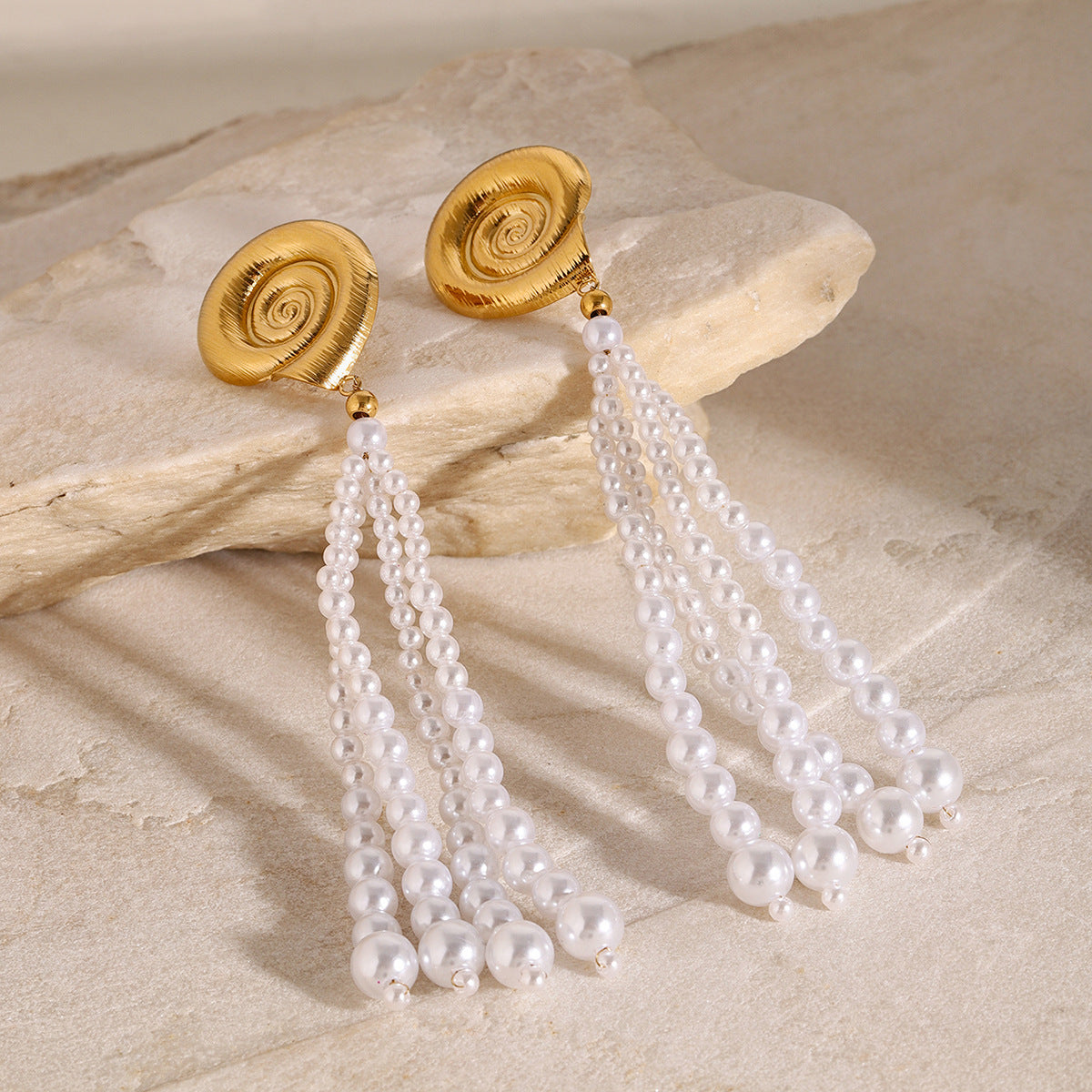 Gold Plated Pearl-Look Tassel Stainless Steel Earrings — wholesale view 2